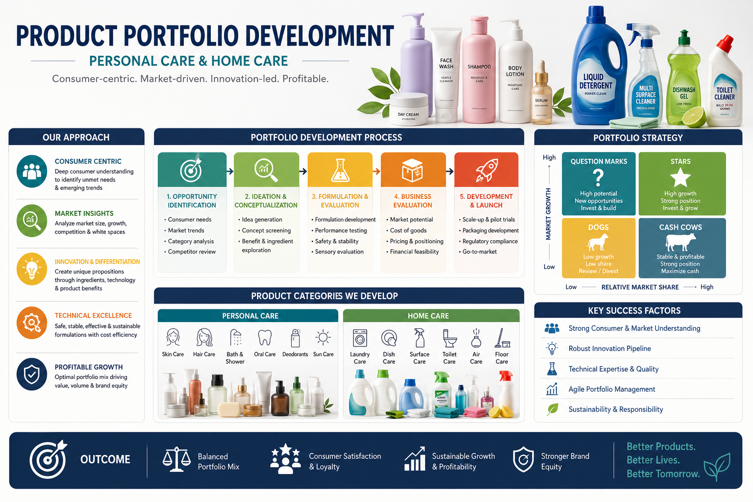 Product portfolio development infographic with a five-step process, portfolio strategy matrix and personal and home care product categories
