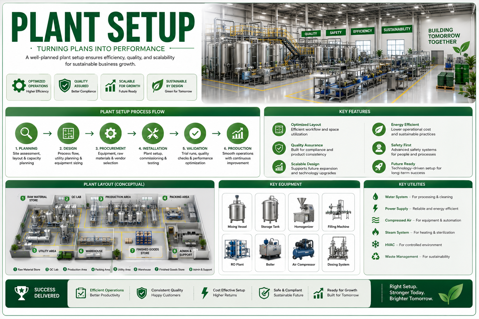 Plant setup infographic with a six-step implementation flow and a conceptual cosmetics factory layout